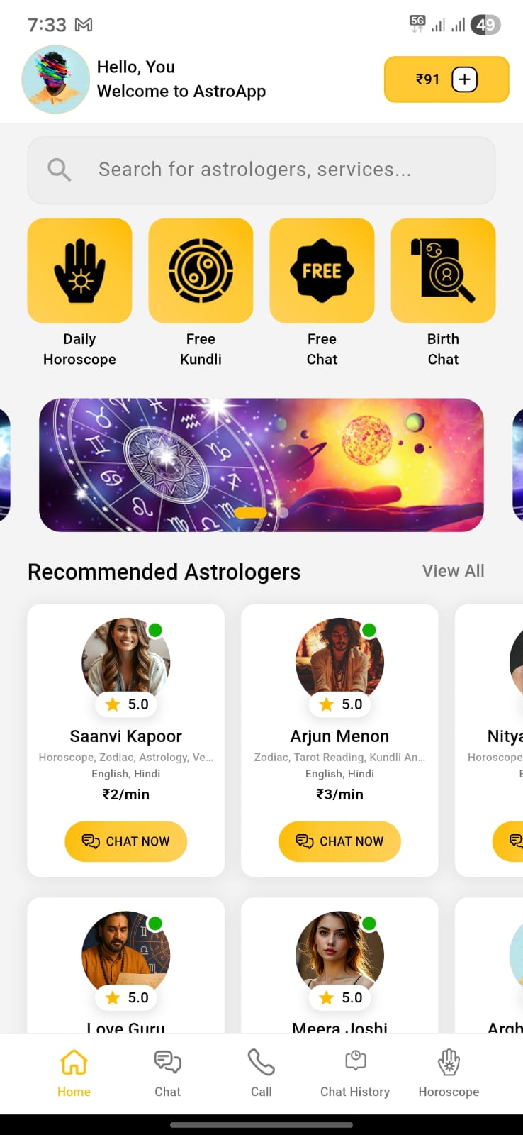 Astro Hora application screenshot showing dashboard, horoscope, and astrologer profiles
